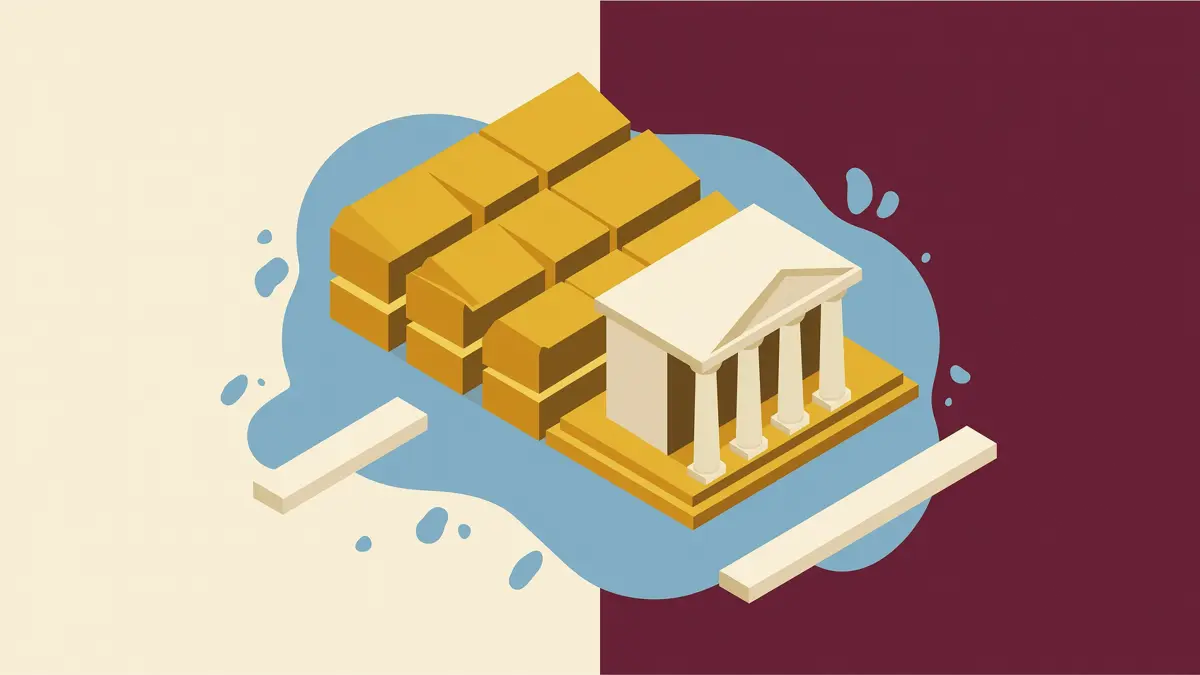 Flat isometric illustration of stacked gold ingot blocks beside a classical central bank building on a cream and burgundy background