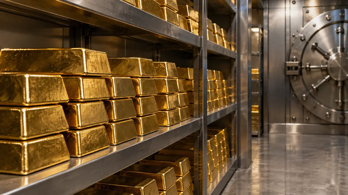 Gold bullion bars neatly stacked on a metal shelf inside a bank vault
