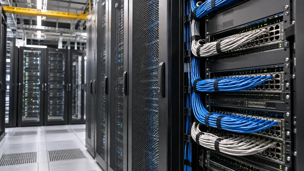 Server racks and neatly organized network cabling in a modern data centre