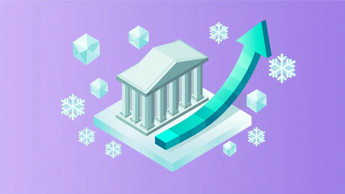 Isometric illustration of a neoclassical bank building on a frosted plinth with a rising turquoise arrow and ice crystals on a violet background