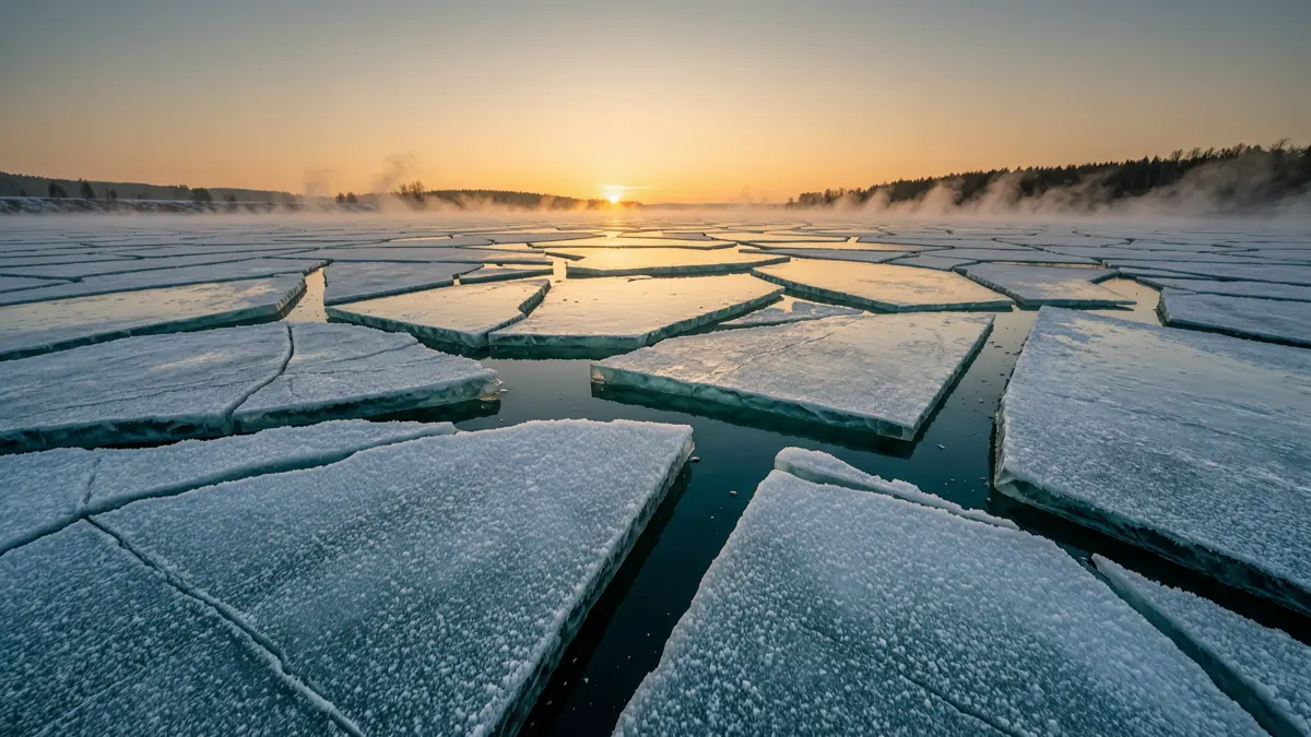 A frozen river with cracked steel-blue ice floes drifting apart under a low amber sunrise on a misty horizon