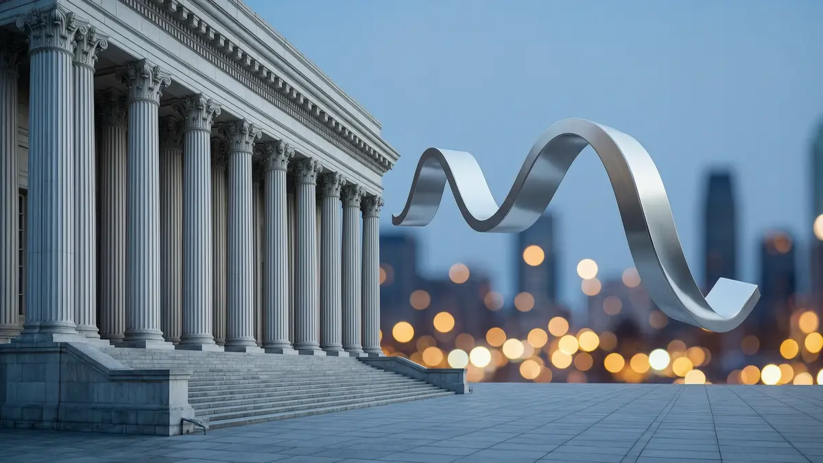 Neoclassical bank facade with tall columns and a silver descending ribbon against evening city lights