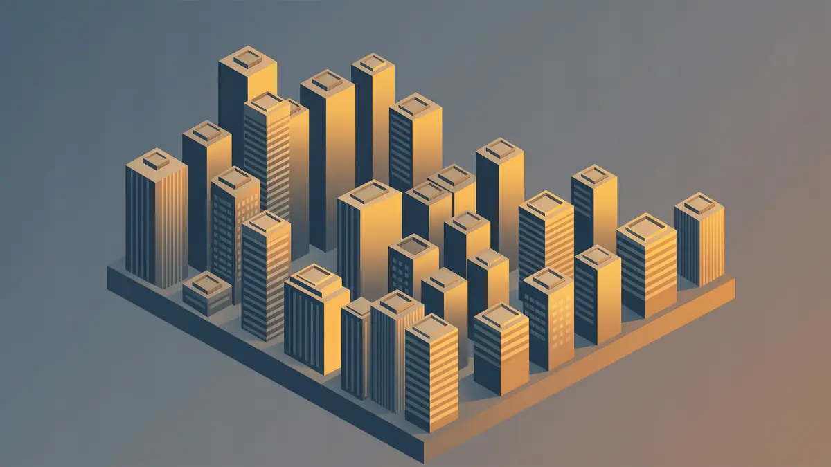 Isometric illustration of a financial district with towers arranged like a descending staircase