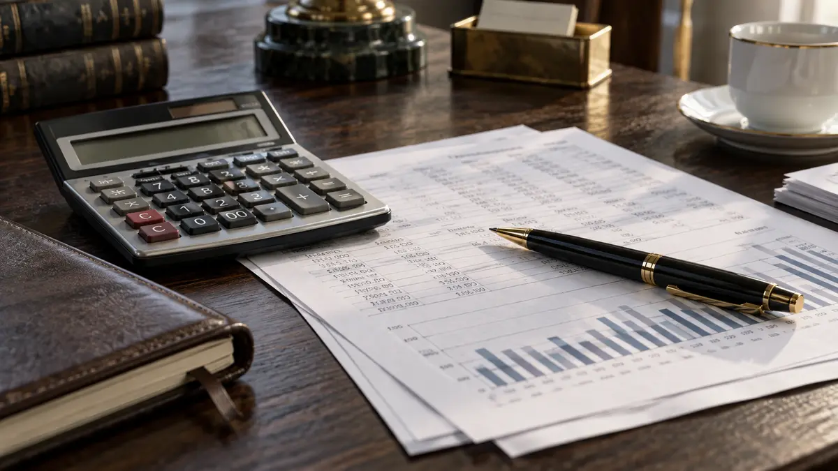 Loan calculation papers, calculator and a pen on a dark wooden banking desk