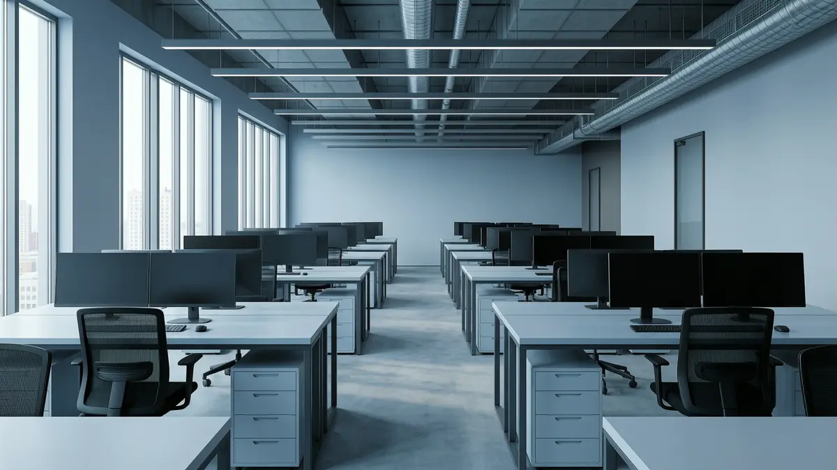 Empty modern office with rows of vacant desks and switched-off monitors