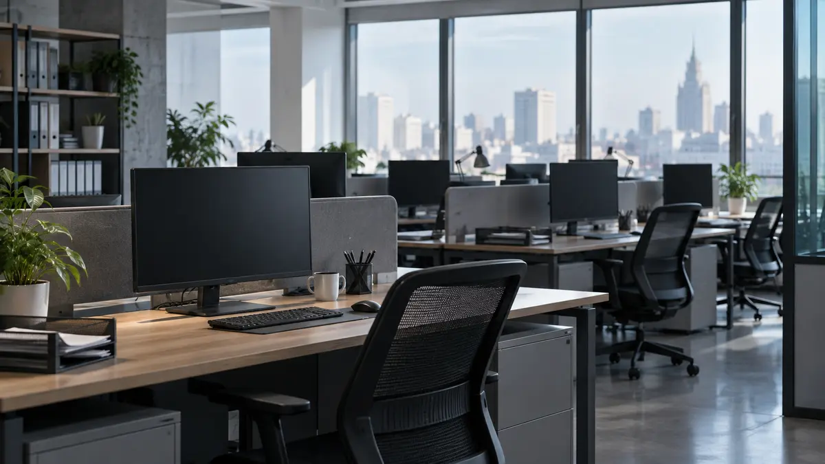 Empty office with unoccupied desks and switched-off monitors