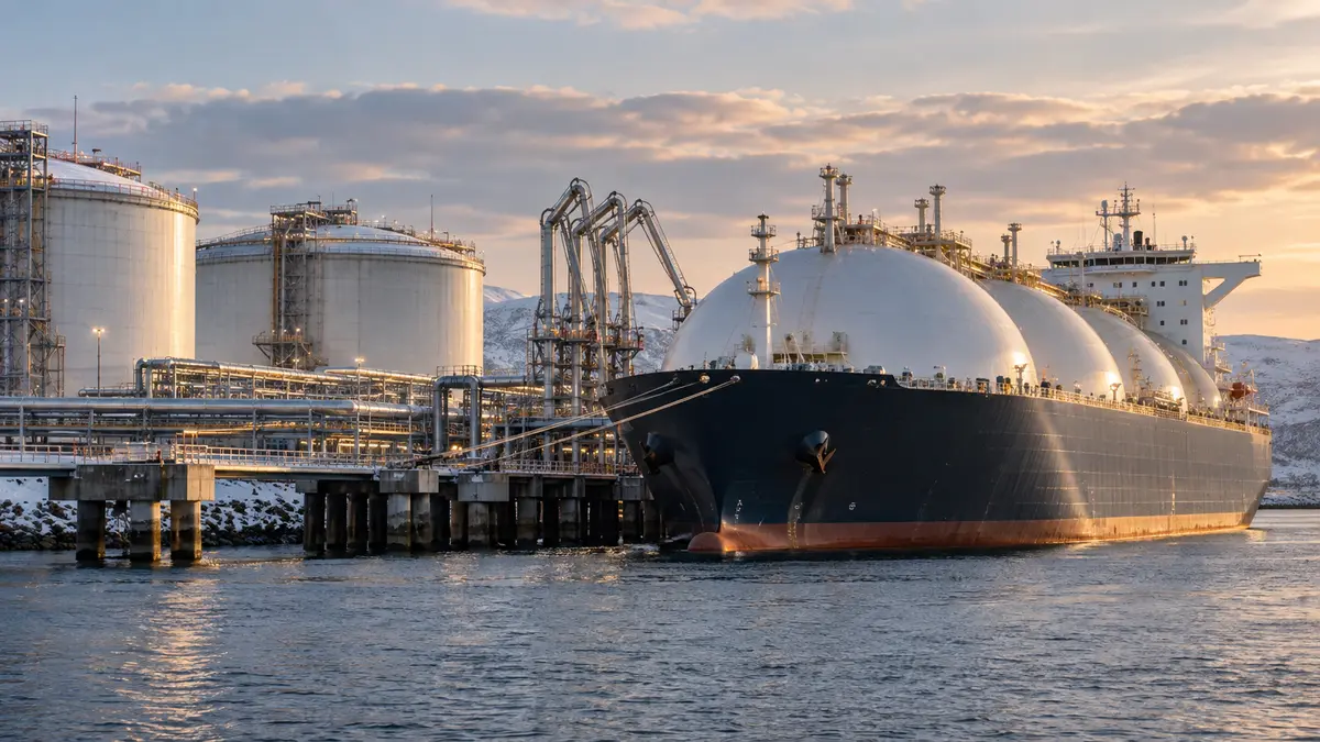 LNG tanker moored beside insulated loading arms and storage tanks at a coastal terminal