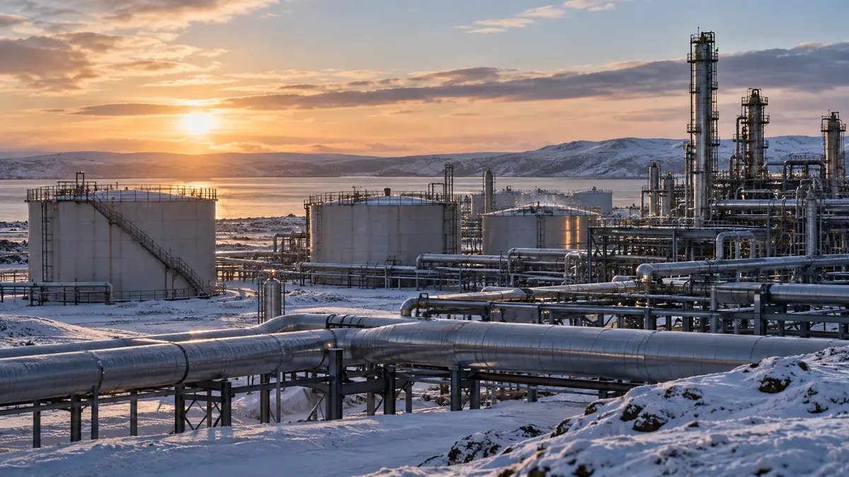 Oil and gas processing facilities with storage tanks and pipe racks in a northern landscape