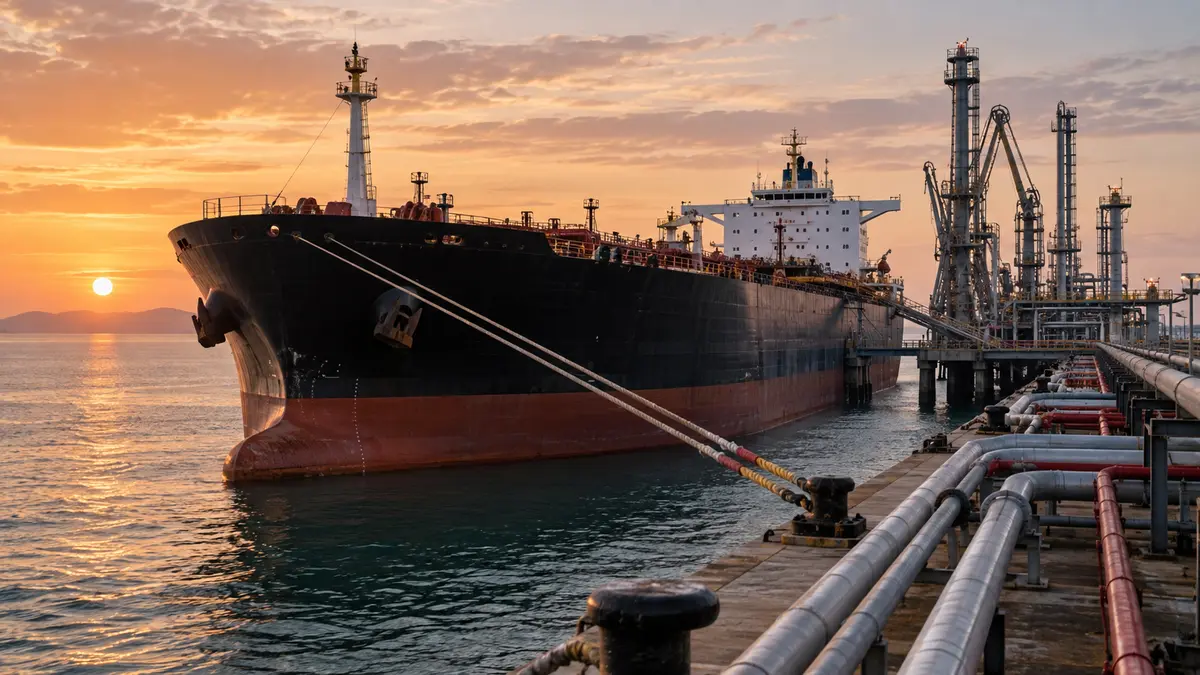 Oil tanker moored at a large coastal crude oil export terminal