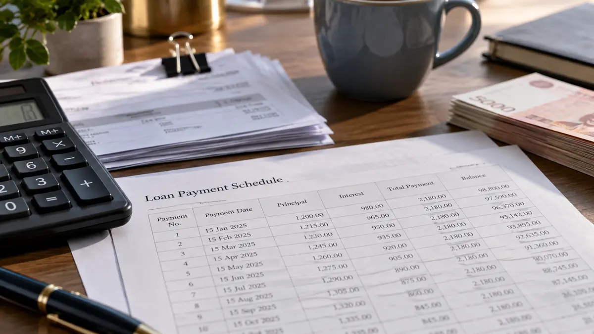 Business loan payment schedule beside a calculator and invoices on an accountant desk