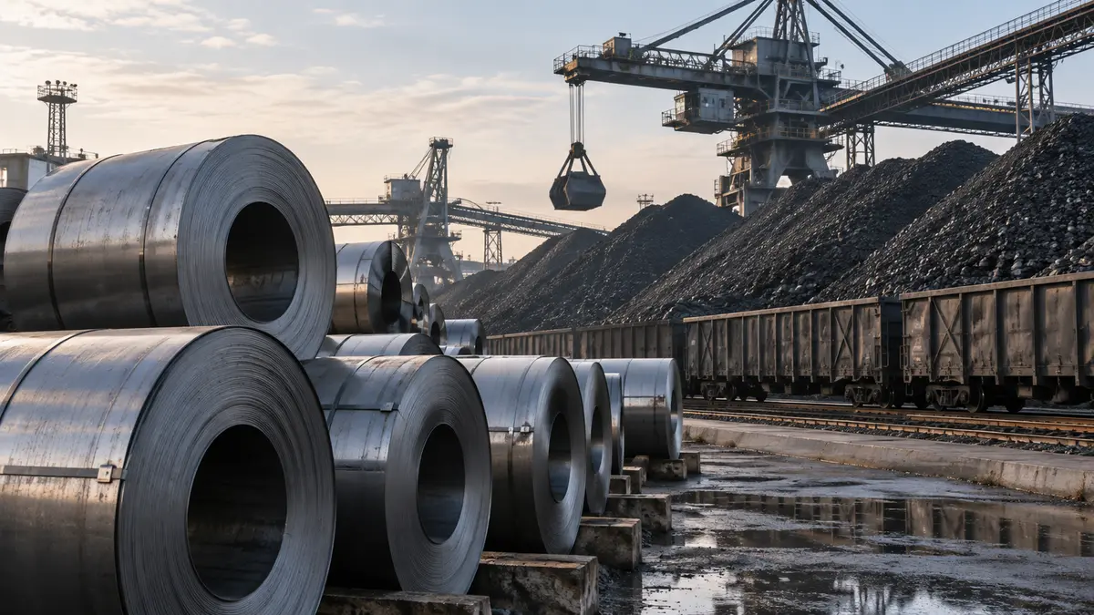 Steel coils and coal stockpiles at a heavy industrial freight yard
