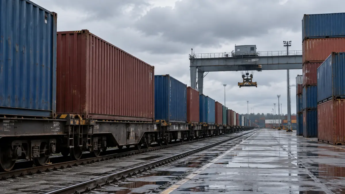 Freight containers awaiting dispatch at a railway cargo terminal under an overcast sky