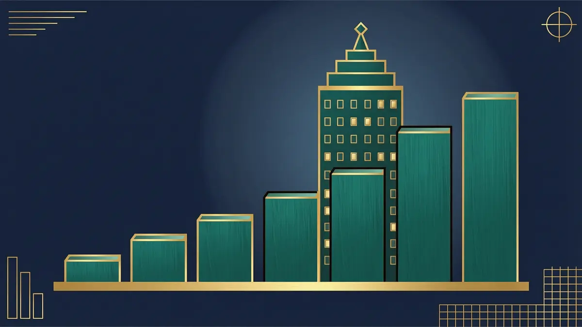 An ascending revenue bar chart with a corporate tower silhouette