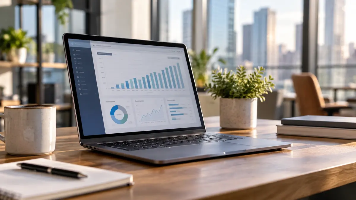 Laptop with softly defocused business software interface on a desk in a modern commercial office