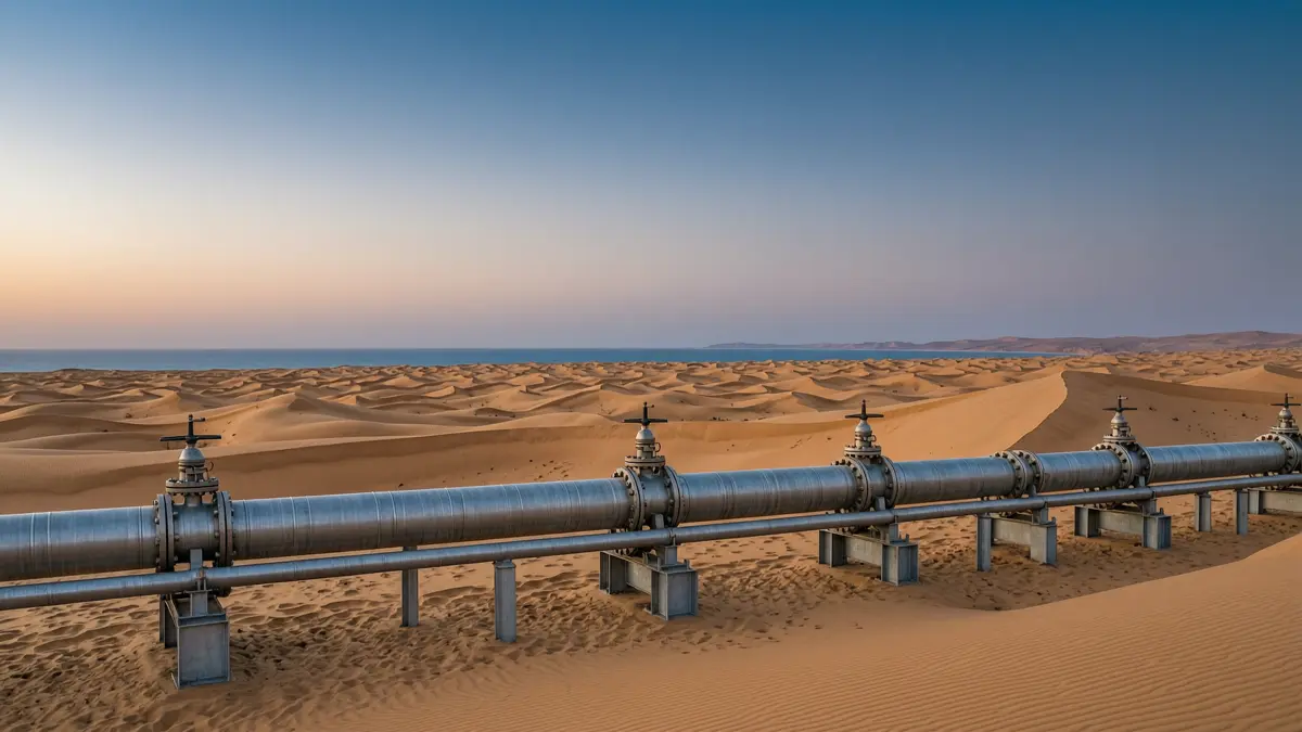 Steel oil pipeline crossing desert dunes toward the Red Sea coast at dusk
