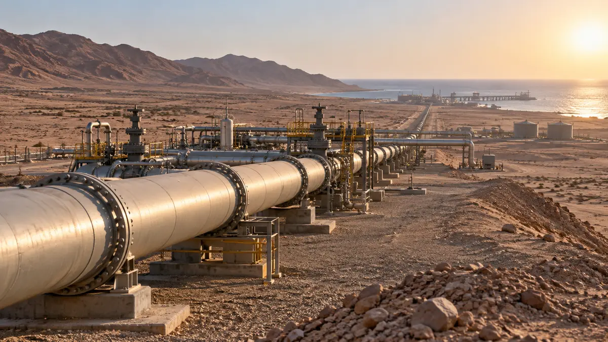 Large oil pipeline and pumping station crossing an arid desert landscape toward distant coast