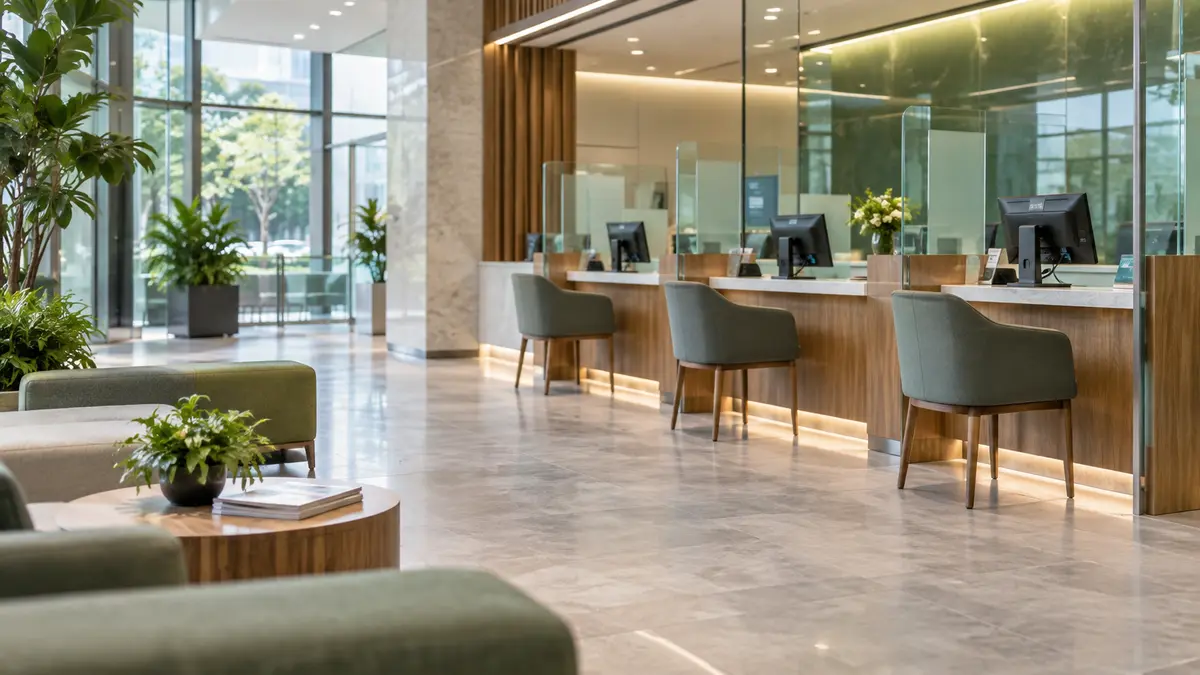 Modern retail bank lobby with service counters and glass partitions