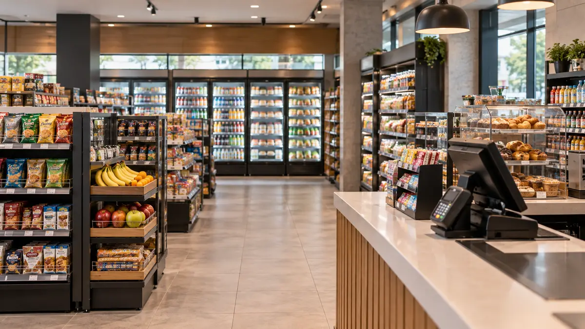 Newly fitted unbranded convenience store with stocked shelves and checkout counter