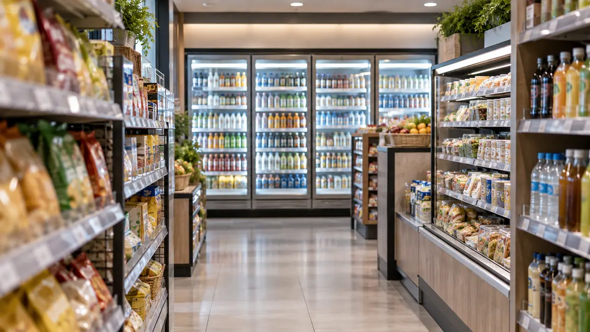 Unbranded convenience store aisles with packaged drinks and grocery shelves