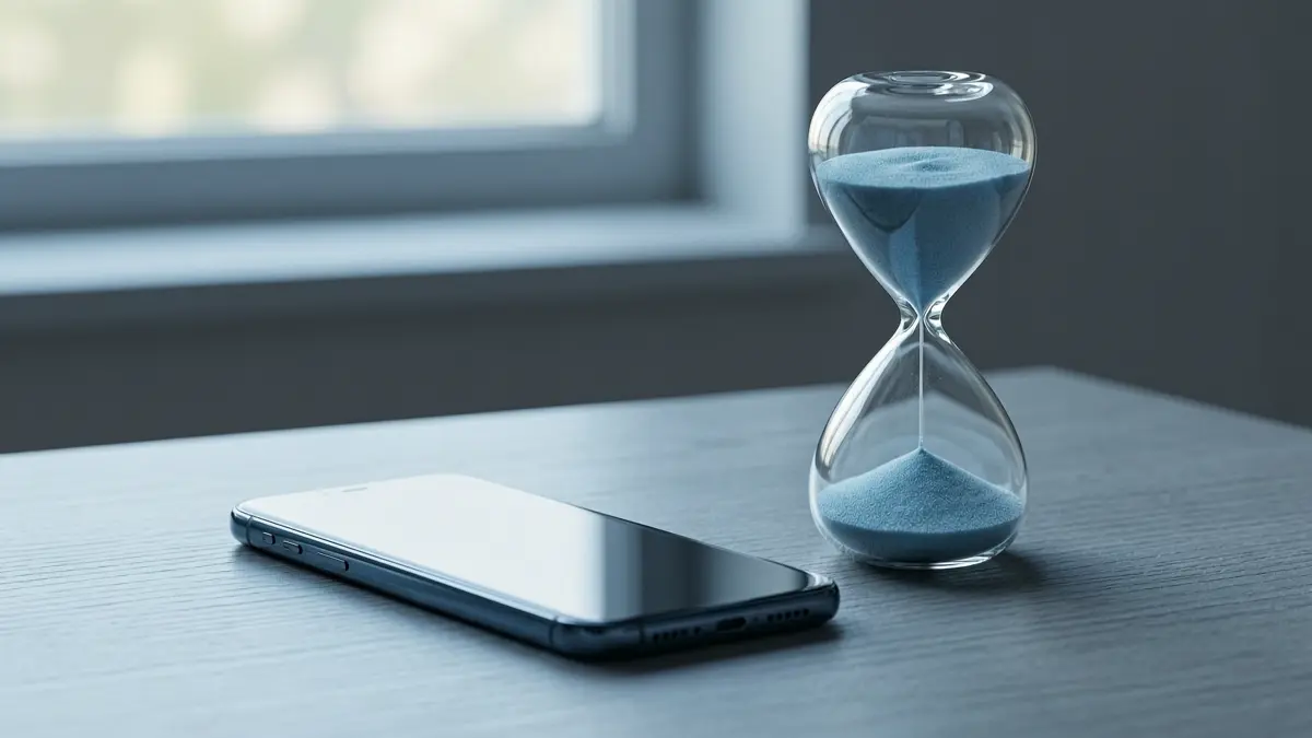A smartphone lying on a desk beside an hourglass with blue sand, symbolising screen time limits
