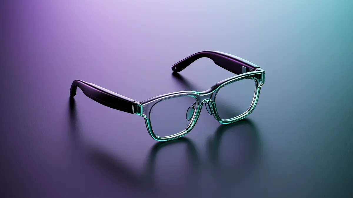 Sleek smart glasses with translucent lenses in violet and turquoise light Sleek smart glasses with translucent lenses on a matte surface in violet and turquoise light