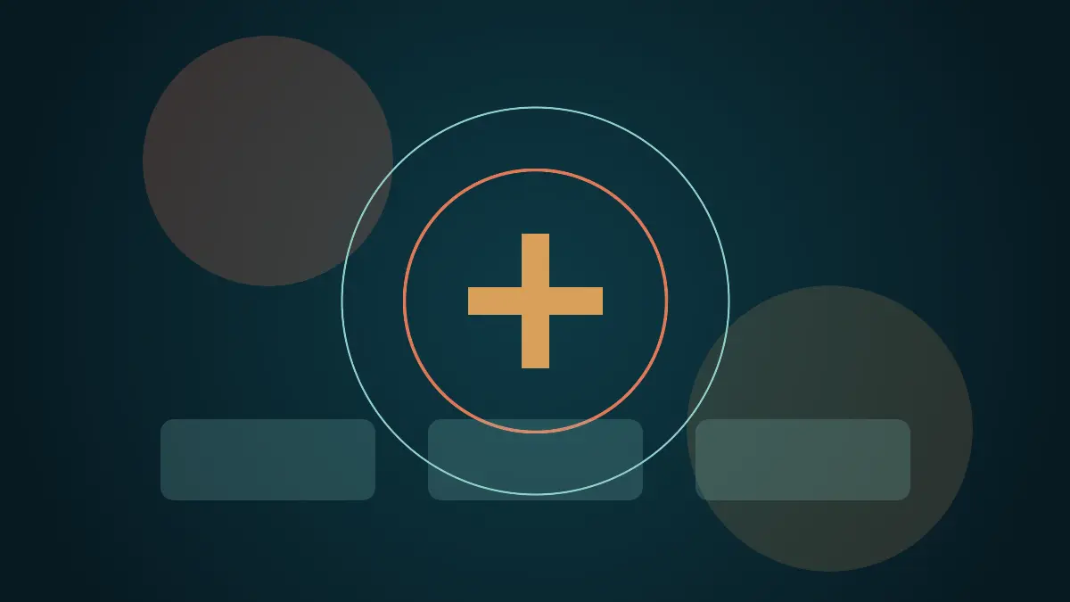 Abstract editorial illustration of a hospital network: teal circles, an amber plus sign and rounded panels on a dark background