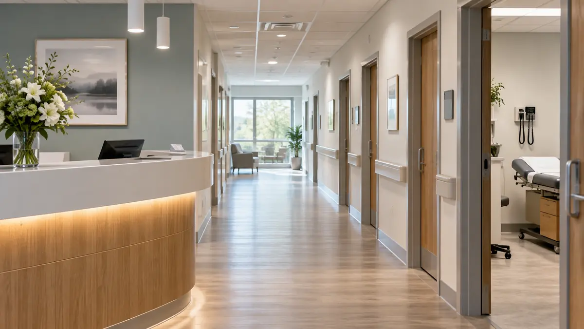 Quiet private hospital corridor with examination room doors and a reception counter