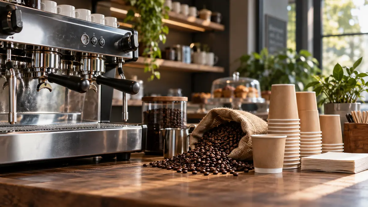 Espresso machine, coffee beans and unbranded takeaway cups on an empty cafe counter