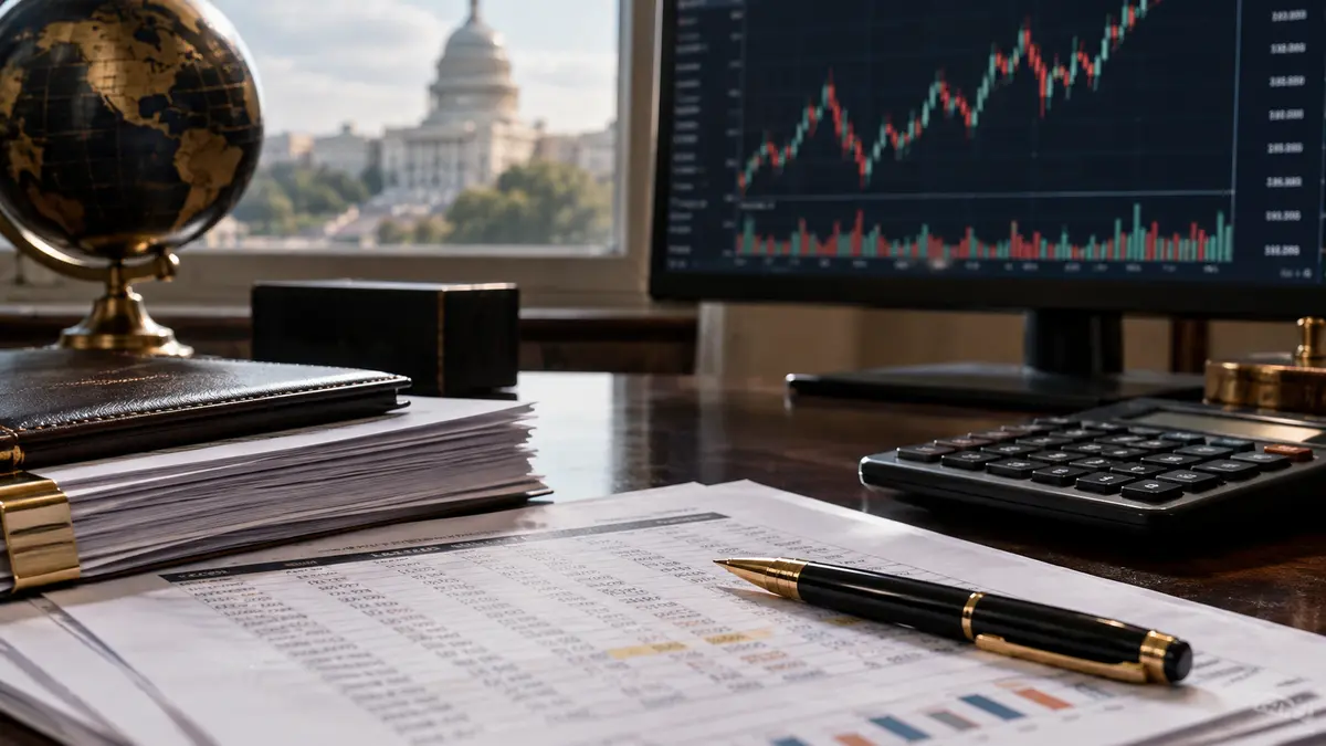 Investment transaction paperwork and a calculator beside a dark trading monitor