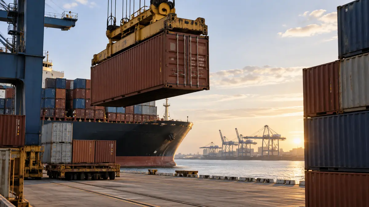Shipping containers being unloaded at a United States coastal freight terminal