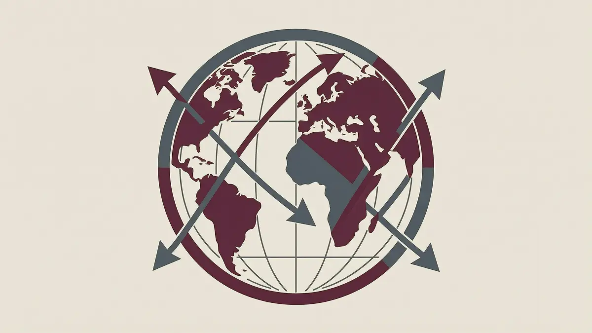 A stylised globe with trade arrows and a falling line A stylised globe with trade arrows and a falling line