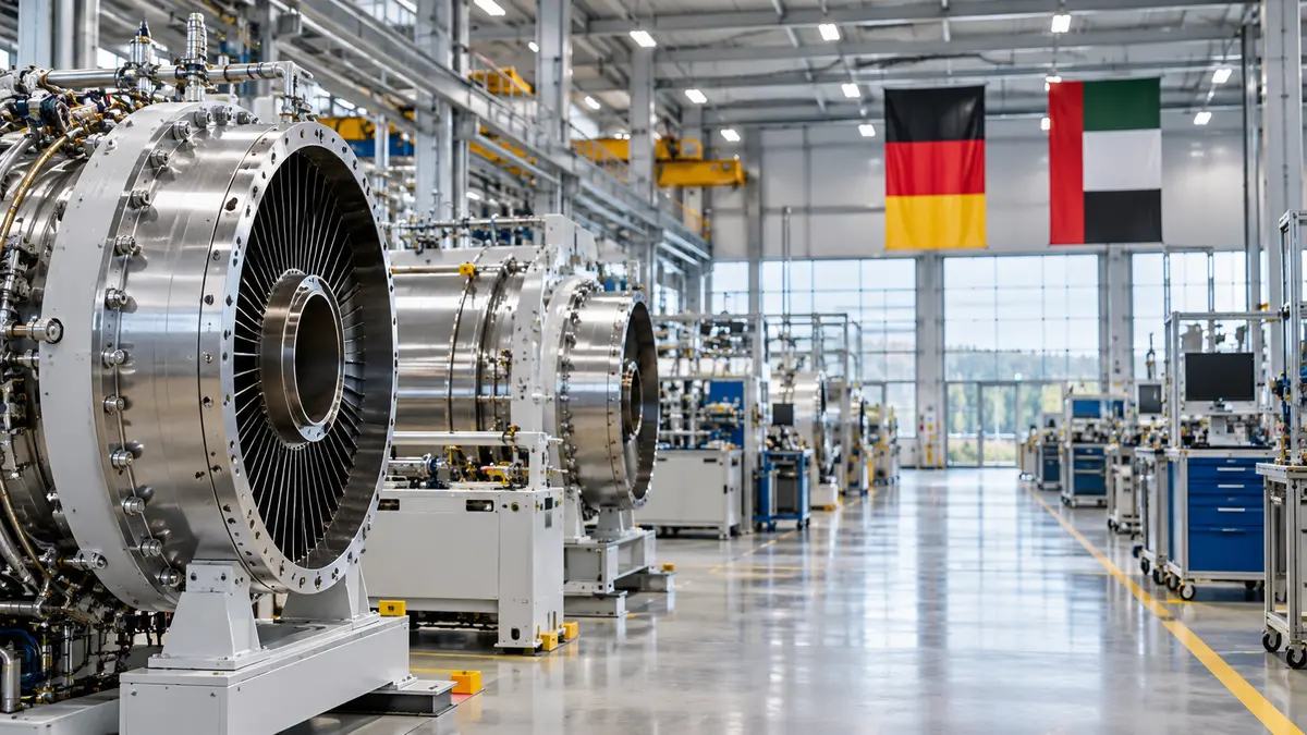 Modern German industrial facility with precision machinery and clean production bays