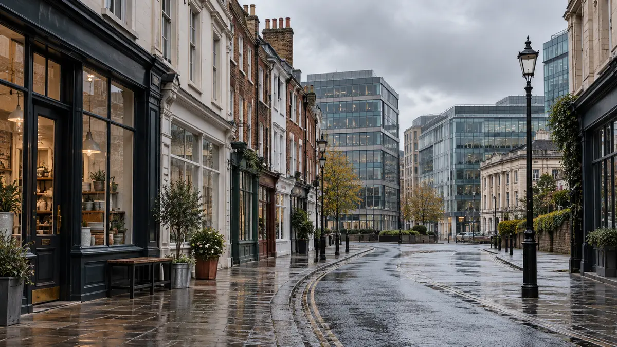 British commercial high street with small shops and office buildings under grey skies