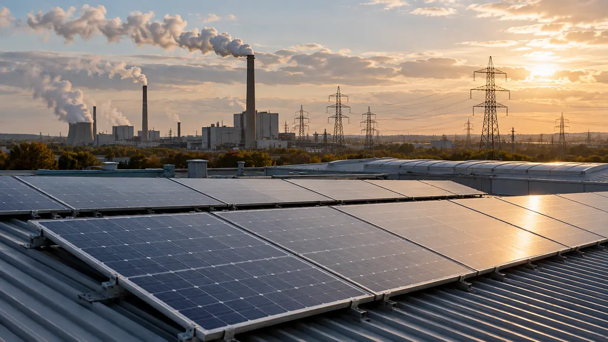 British industrial rooftop solar panels with factory chimneys and transmission lines beyond