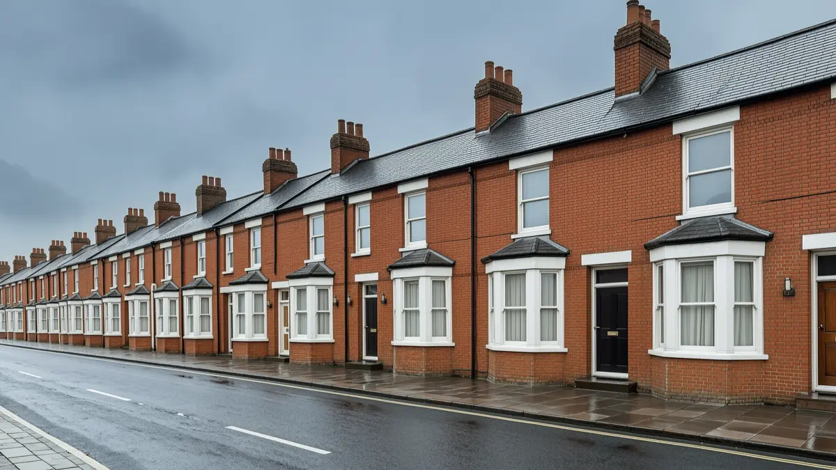 A row of red-brick terraced houses under an overcast winter sky