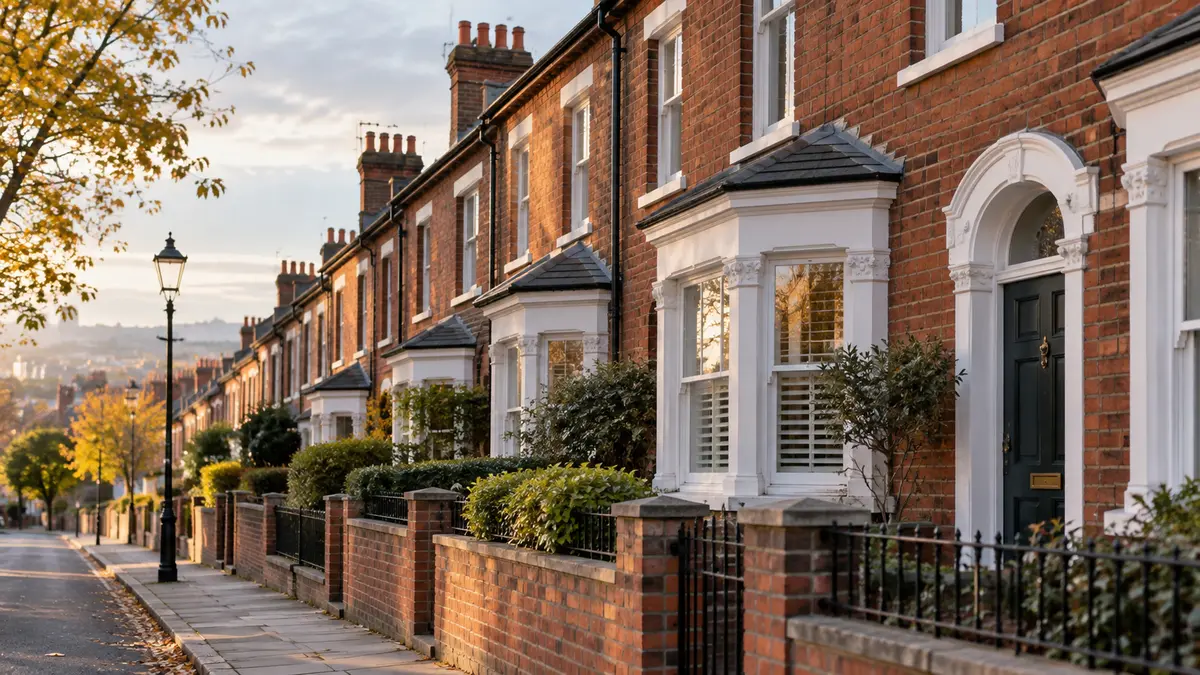 Row of red-brick British terraced houses on a quiet residential street