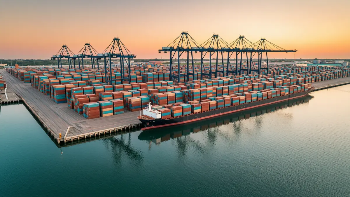 A container port and logistics terminal with stacked cargo and cranes at dusk