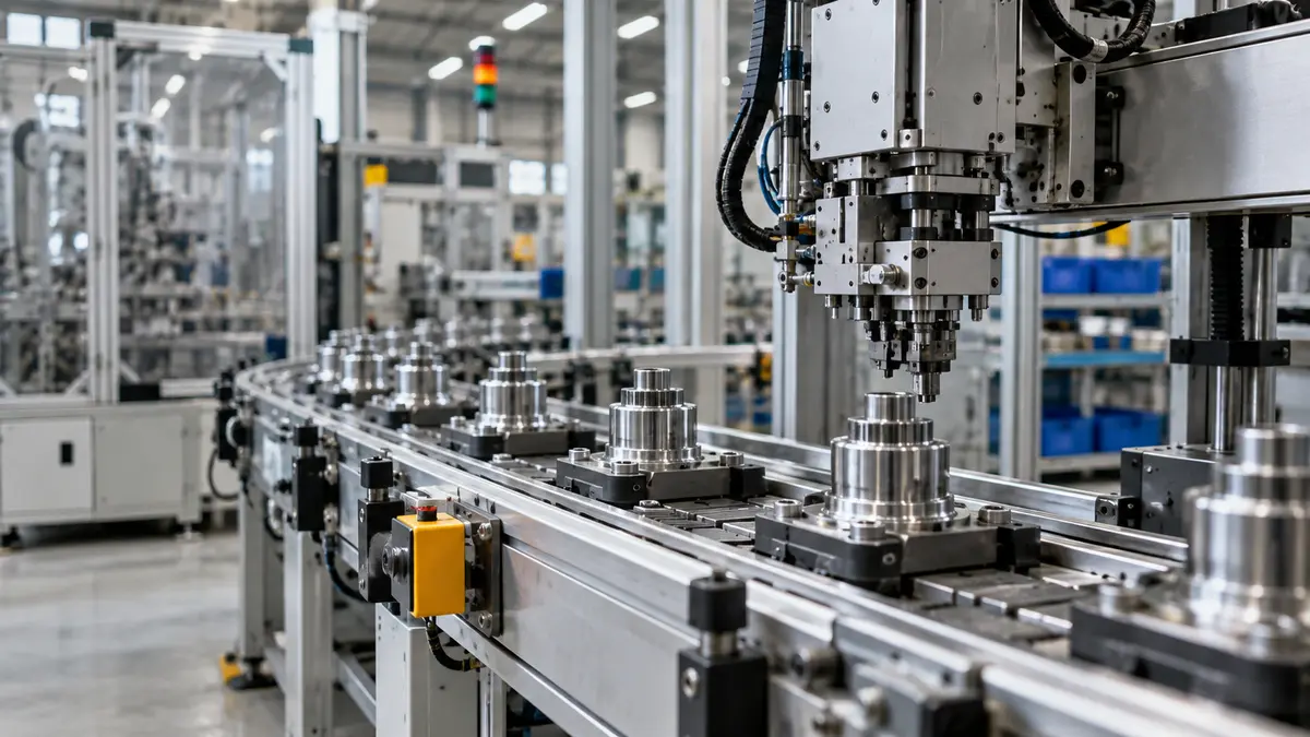 Automated conveyor and precision machinery in a modern British manufacturing workshop