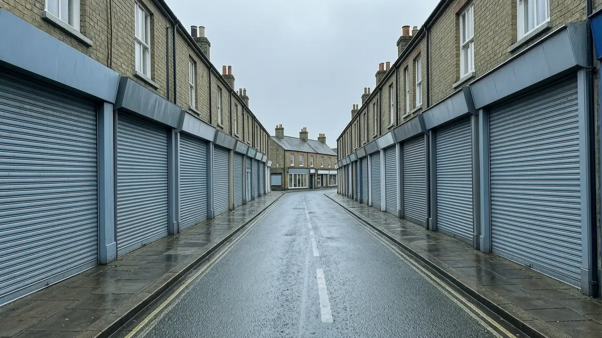 Empty high street with shuttered shopfronts in a British town on an overcast day