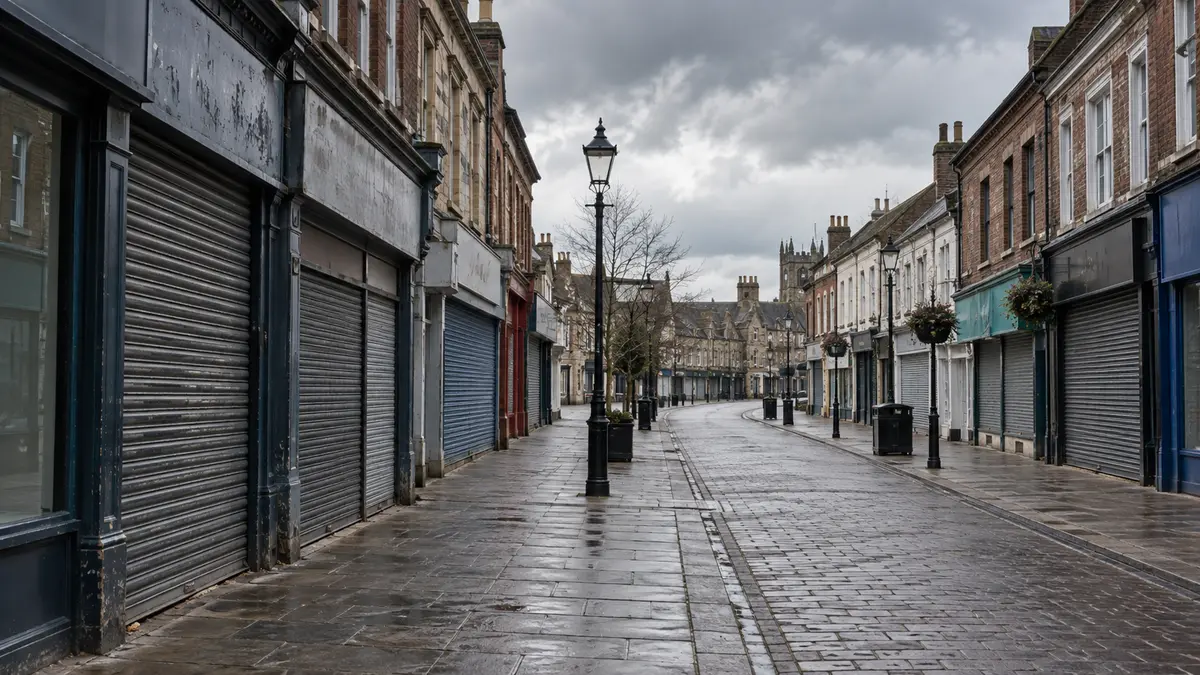 Empty high street in a small British town with shuttered storefronts under an overcast sky