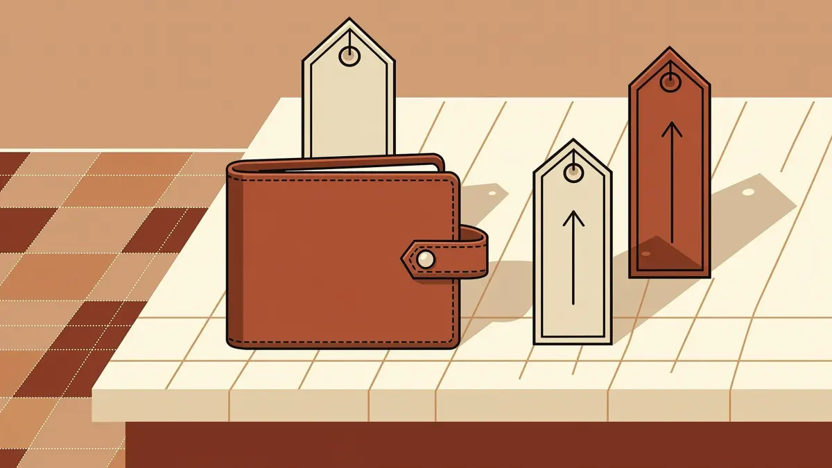 A wallet and rising price tags on a kitchen table