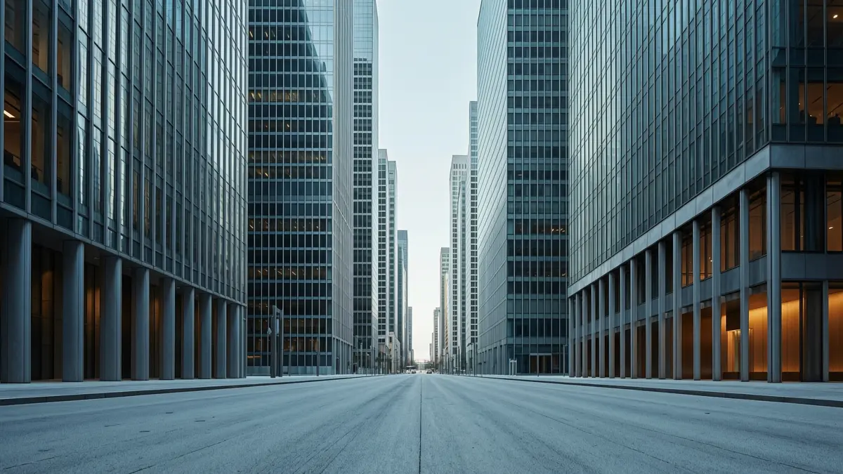 Empty street in a financial district between glass office towers in steel-blue morning light