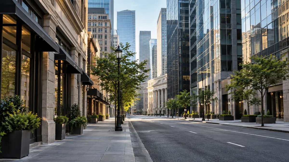 Quiet American downtown street between glass office towers and small retail storefronts