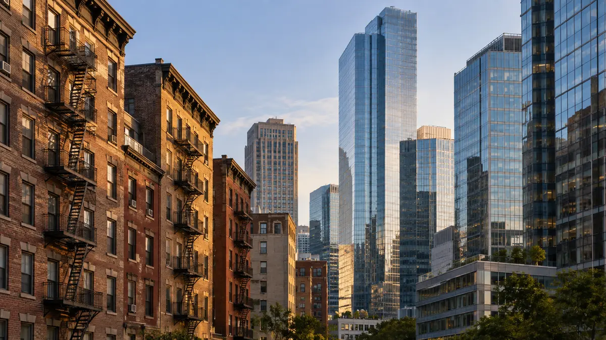 Contrasting ordinary apartment blocks and modern office towers in one American urban streetscape