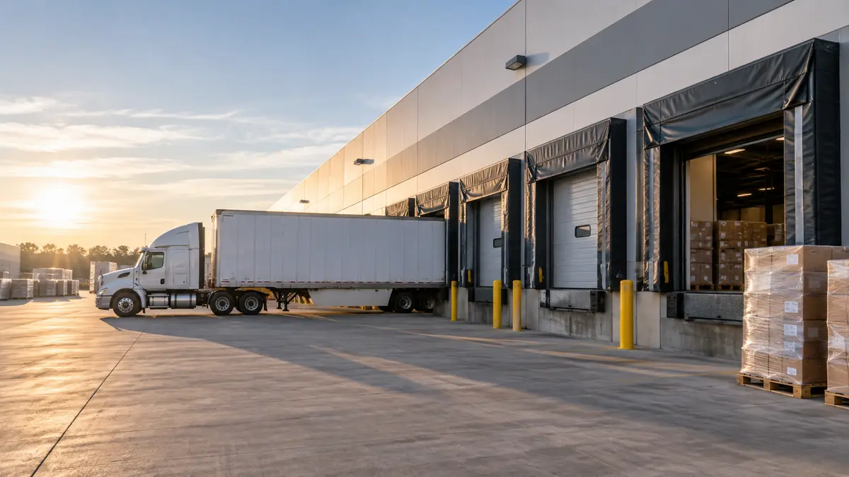 American warehouse distribution centre with truck loading bays in morning sunlight
