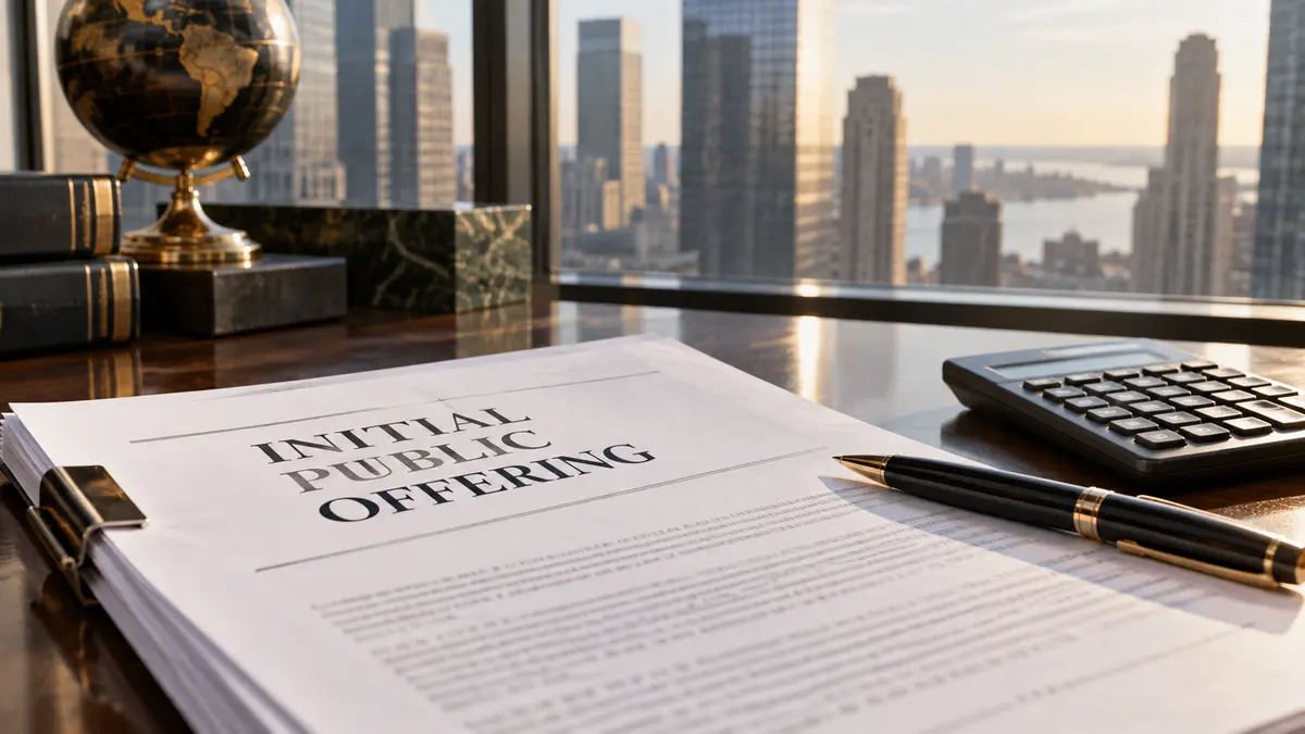 Company share-offering paperwork beside a calculator and pen in a financial district office