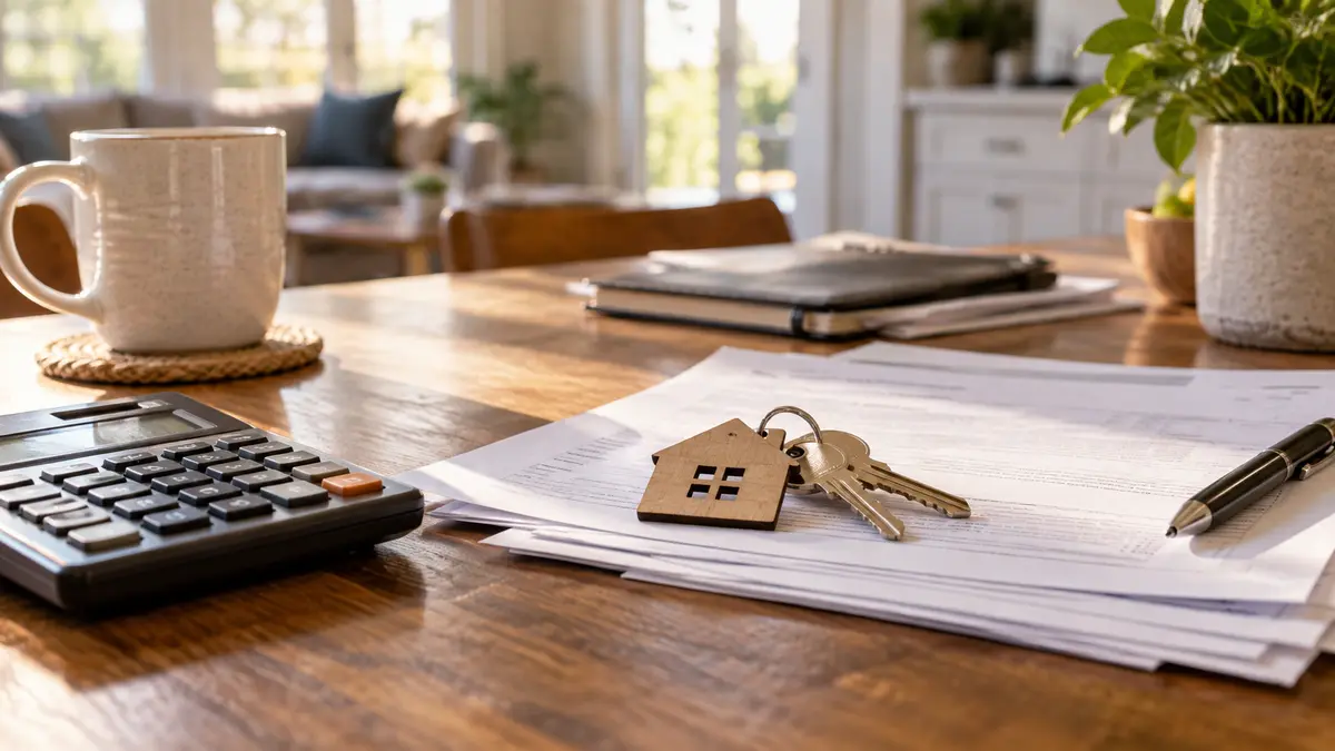 Mortgage paperwork, house keys and a calculator on an American household table