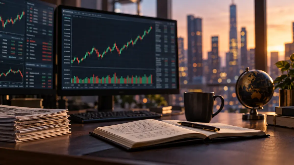 Financial trading workstation with softly blurred market screens and a notebook at year-end evening light