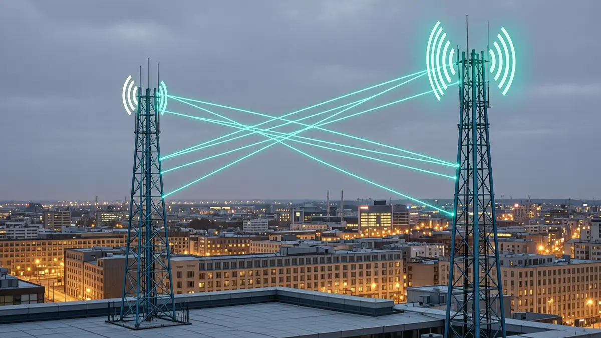 Two mobile network masts linked by glowing signal arcs above a city at dusk