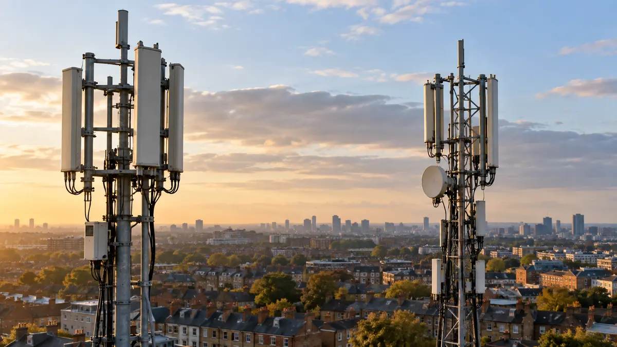 Two mobile telecommunications masts above a British urban district
